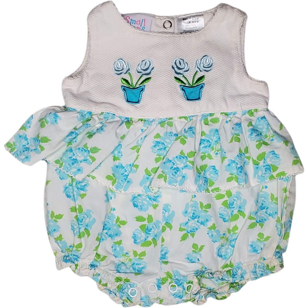 Vintage Small Steps Ruffle Bubble Romper Blue|White Floral Baby Girls 0-3 Months